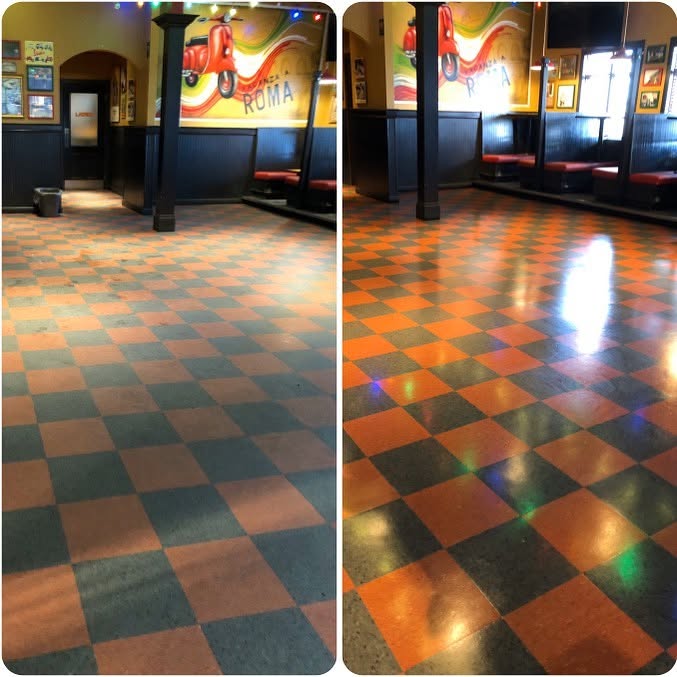 Restaurant floor, stripped and refinished.